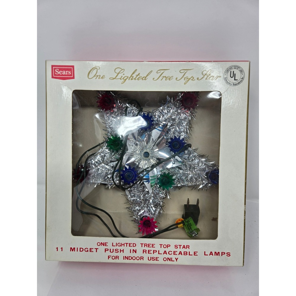 Vintage Sears Lighted Christmas Tree Top Star Silver Tinsel Multi Color Lights